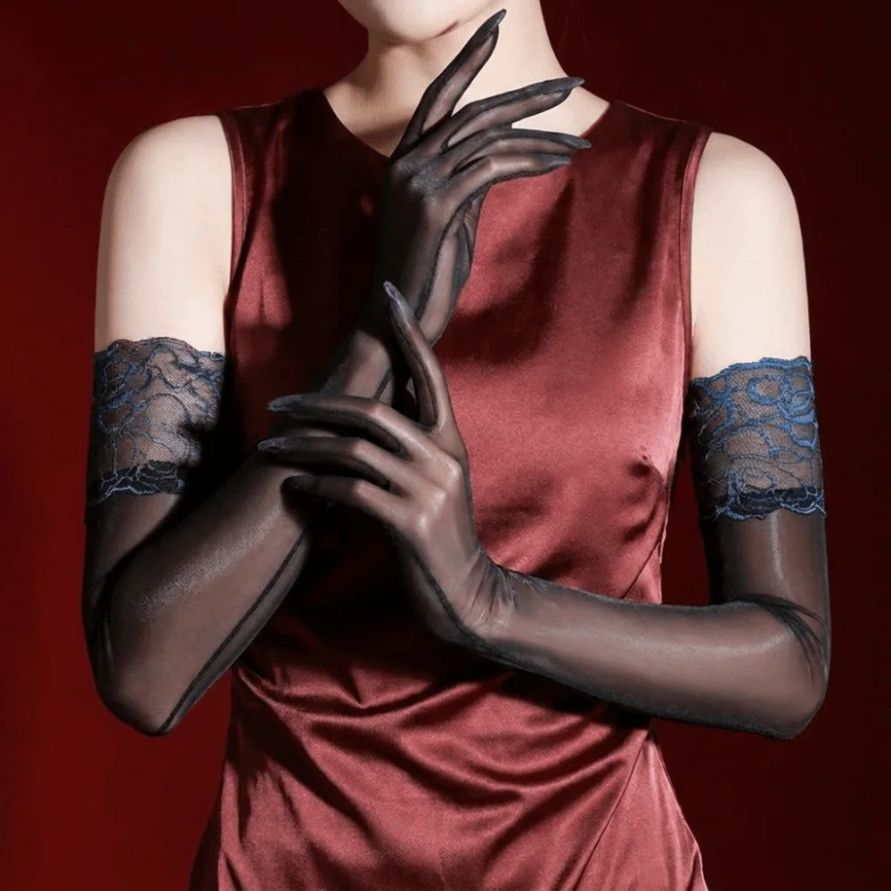 Stretchy Lace Cuff Five Finger Gloves Ultra-thin Stretchy Sheer Gloves Sheer Material Tight Long Gloves Fashion Accessories