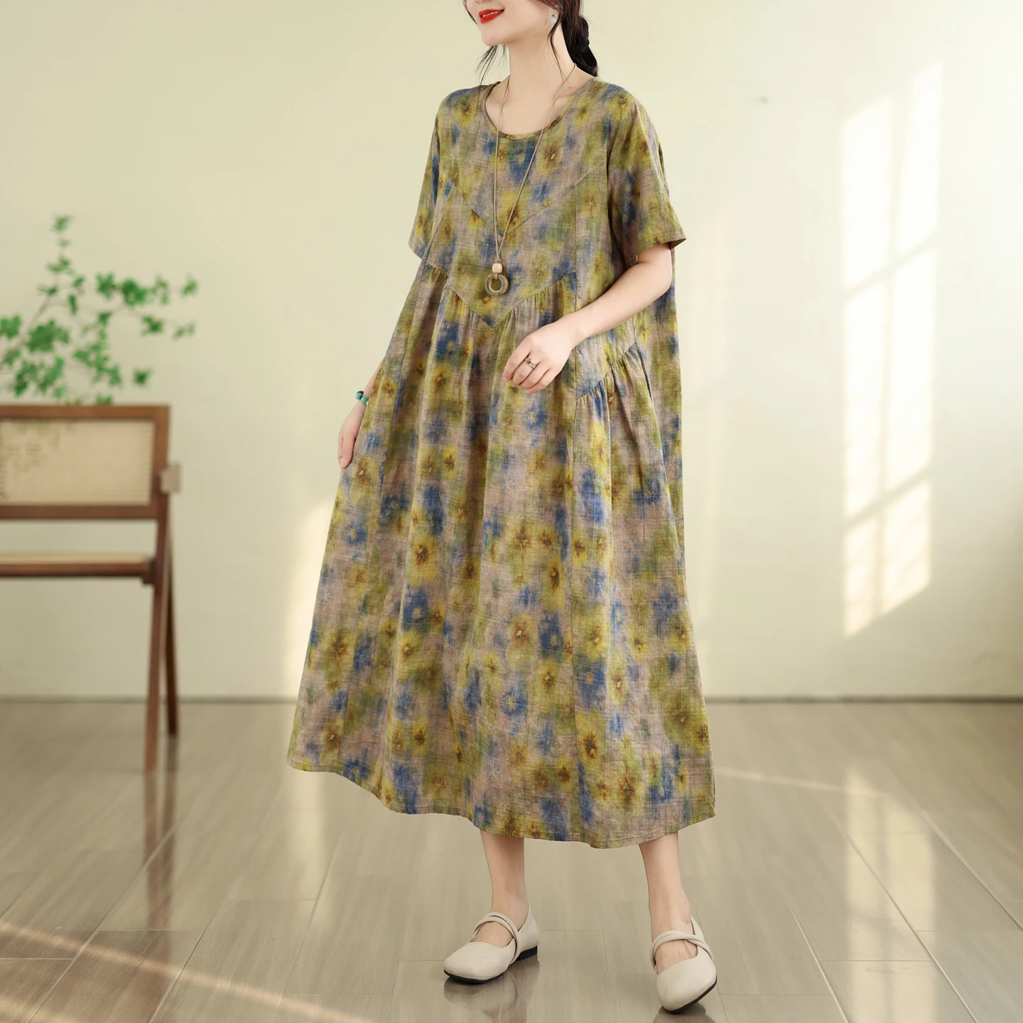 

Summer New Vintage Bamboo Fiber Loose round Neck Short Sleeve Dress Women's A-Line Skirt Comfortable Fit Citywalk Dress