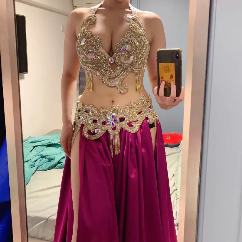 ที่กําหนดเอง Belly Dance เครื่องแต่งกายชุด Bra Hollow เอวเพชร Super Flash Pure Big Swing ชุดกระโปรง