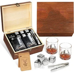 Old Fashioned Whiskey Glasses with Wooden Box - Rocks Barware For Scotch, Bourbon, Liquor and Cocktail Drinks - Set of 2