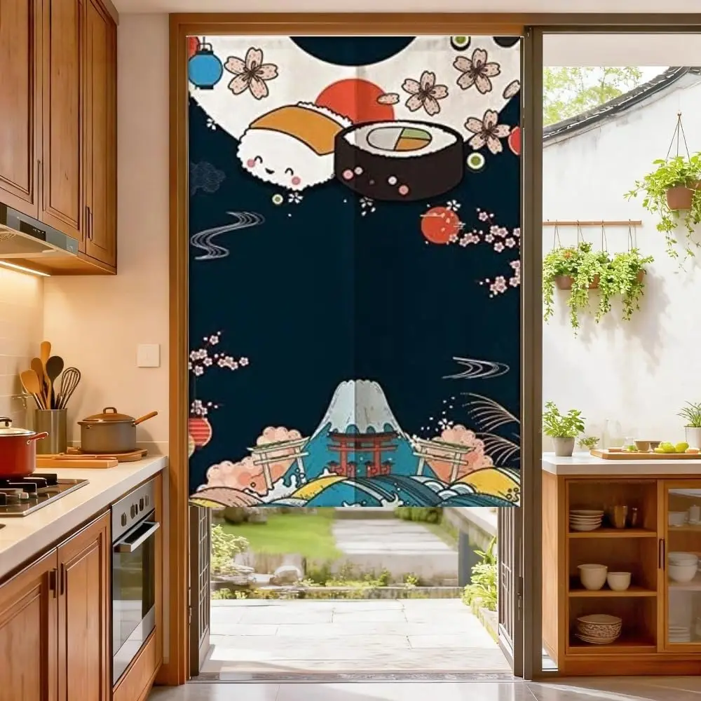 Cute Sushi & Mount Fuji Noren Curtain, Kawaii Japanese Sushi Print, Japanese Door Curtain for Kitchen Restaurant Entrance Decor