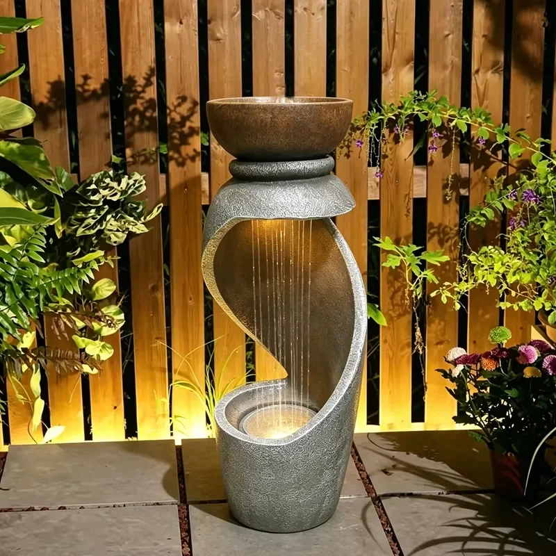 Resin Waterfall Fountain with LED Light for Garden Decoration Indoor Outdoor Freestanding Water Curtain Feature Home Decor