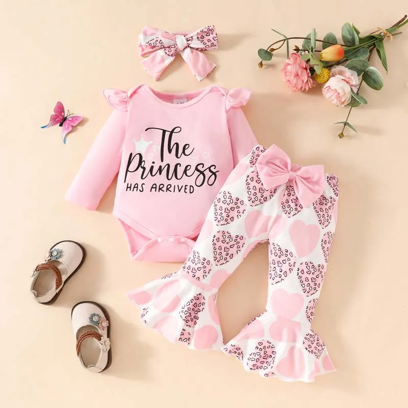 

Infant Outfits Baby Girl Clothes Bodysuits Flared Pants Set Long Sleeves Onesie Printed Flared Trousers with Hairband 3Pcs Sets