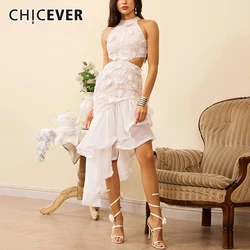 CHICEVER Patchwork Irregular Ruffles Hem Midi Dresses for Women Halter Sleeveless High Waist Hollow Out Elegant Dress Female New