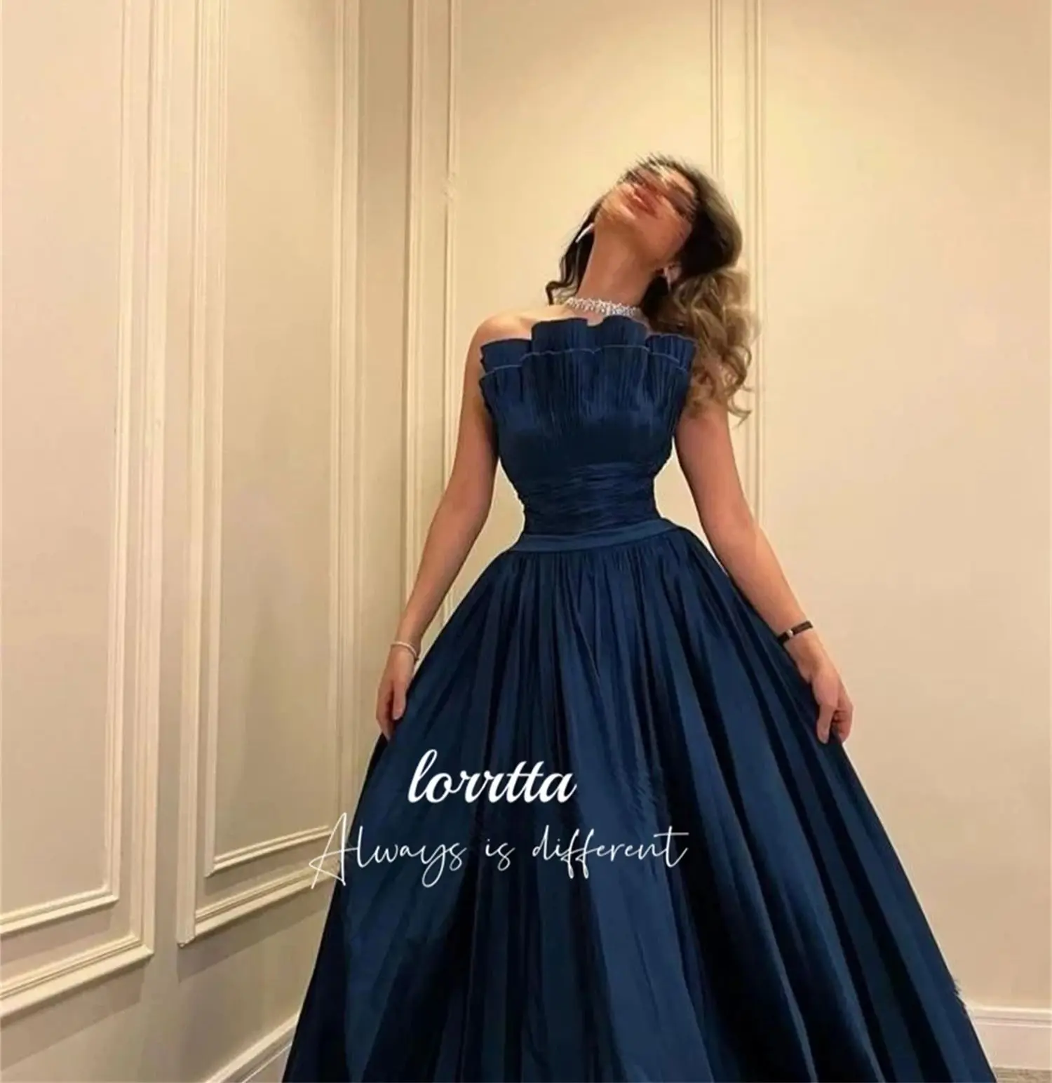 Folds Evening Dress Dark Blue Line A Party Strapless Robe De Soiree Femmes Prom Dresses Customized Elegant Woman Wedding Saudi