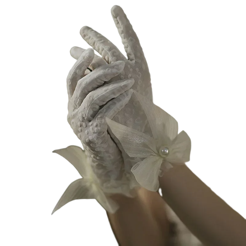 Wrist Length Bride Dress Gloves with Bowknot Pearl Short Paragraph Mittens Wedding  Accessories