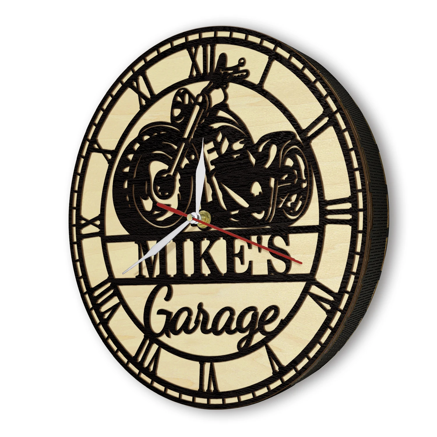 Custom Motorcycle Garage Sign Wooden Wall Clock For Man Cave Custom Personalised Biker Name Motorcyclist Living Hinge Wood Clock