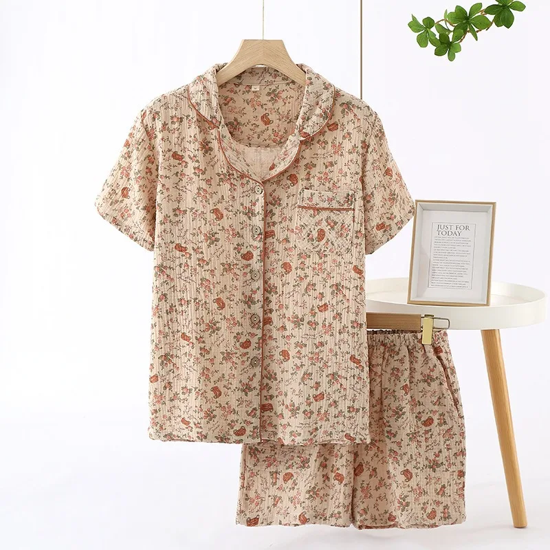 

Summer New Women's Pajama Set 100% Cotton Crepe Short Sleeve Shorts Two Piece Rose Garden Loose Homewear Set Sleepwear Pijamas