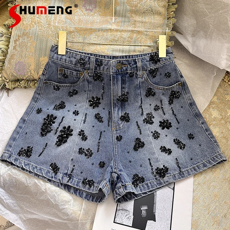 

2024 Summer Women's New Denim Shorts Sequin Bead Embroidery Personality Wide Leg Pants High Waist High Street Denim Shorts