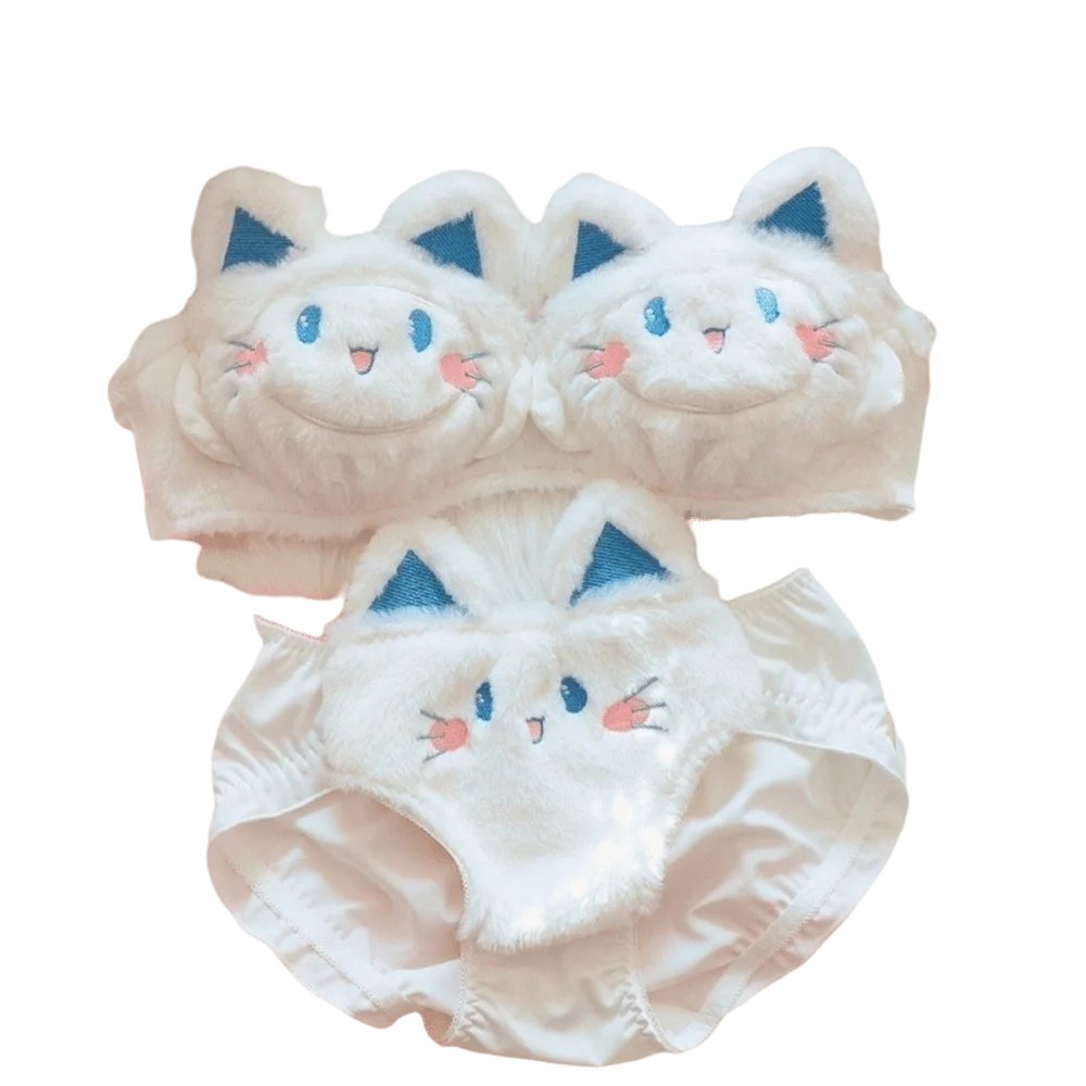 Kawaii Warm Bra Panties Suit Push Up Japanese Style Cat Plush Lingerie Set Wire-free Lolita Plush Underwear Autumn and Winter