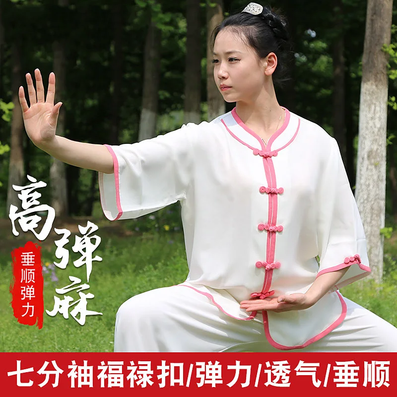 Stretch Linen Tai Chi Suit Set, Women's Summer Short & 3/4 Sleeve Top for Morning Practice