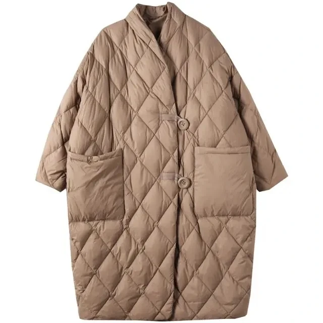 Zimowe lekkie damskie luźne, luźne, puchowa kurtka bawełniana, w kratę, stojące z kołnierzem, płaszcz z podszewką w stylu Vintage w stylu Midi