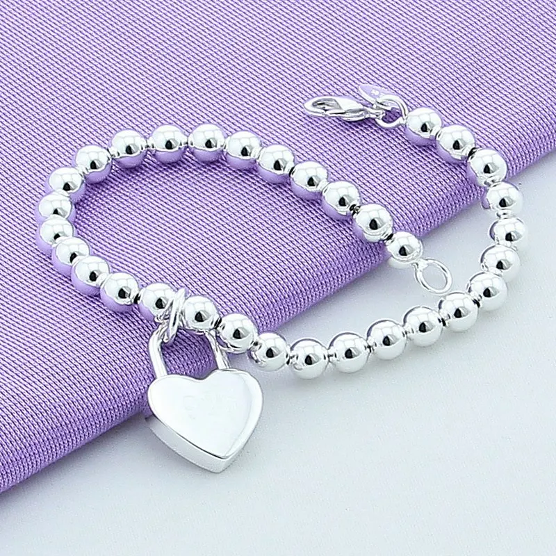 

925 Sterling Silver Heart Lock Style 6mm Beads Chain Bracelets Jewelry Women Top Quality Lovers Wedding Party Christmas Gift