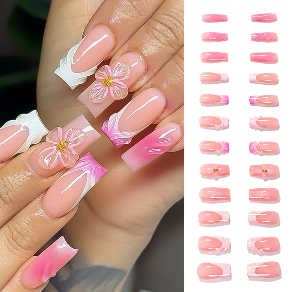24PC Square Medium White French Press On Nails 3D Rosa Blumendekoration Nude Full Cover Wearable False Nail Valentine Fake Nail