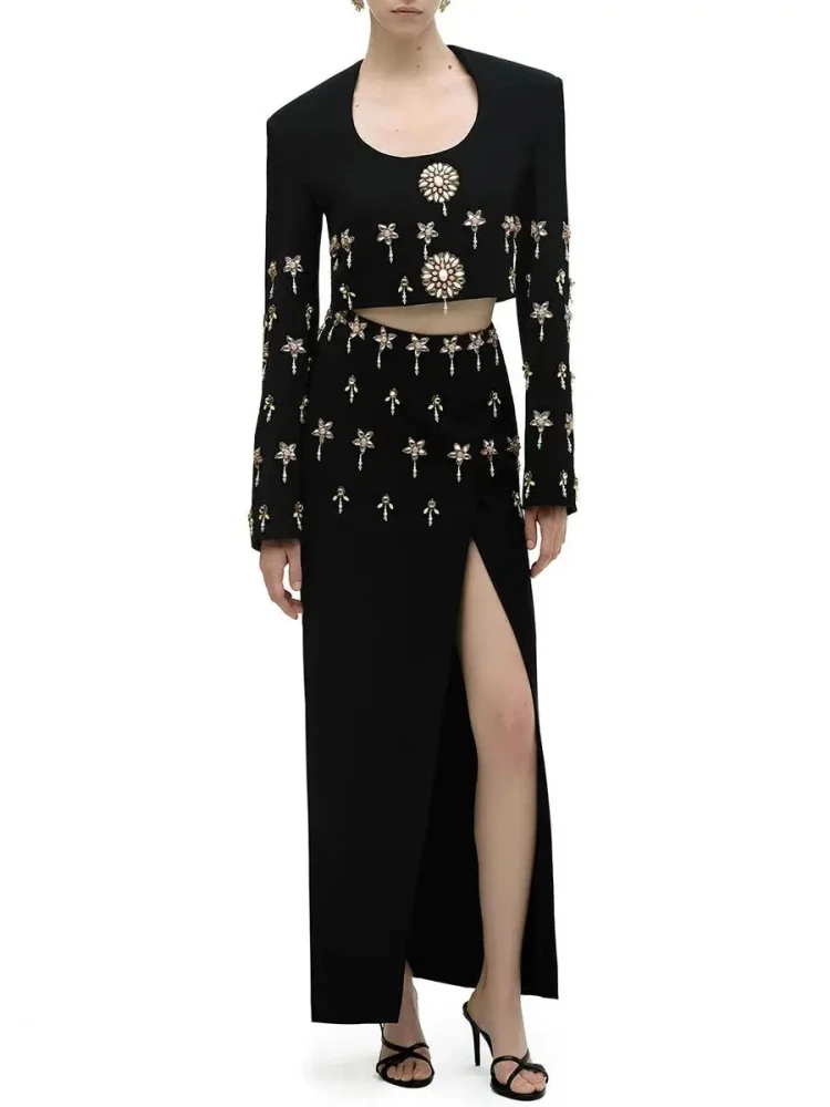 

Women Black Bandage Skirt Two Piece Set Sexy Long Sleeves Diamonds Top + Long Split Bodycon Skirt Suits Evening Party Cocktail