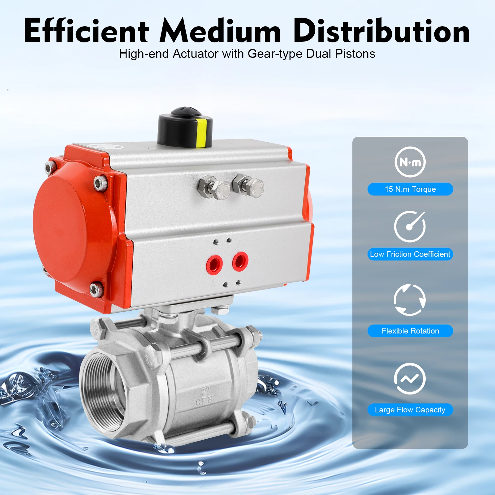 

2-дюймовый трехкомпонентный шаровой кран с пневматическим приводом из нержавеющей стали, возврат воздуха одностороннего действия (2-дюймовый клапан DN50 одностороннего действия)