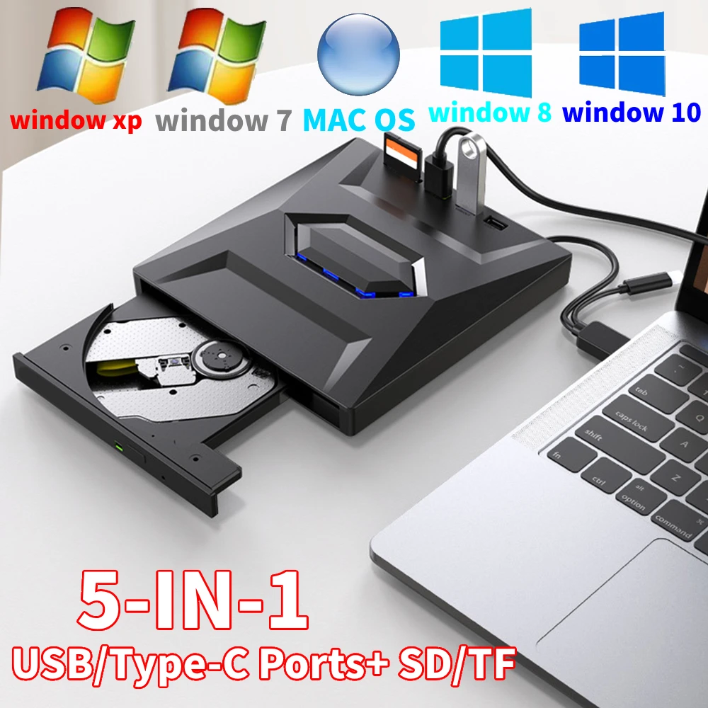 5 IN 1 USB 3.0 Type C External CD DVD RW VCD Optical Drive with SD/TF Ports DVD Burner CD Writer Portable for Macbook Laptop PC