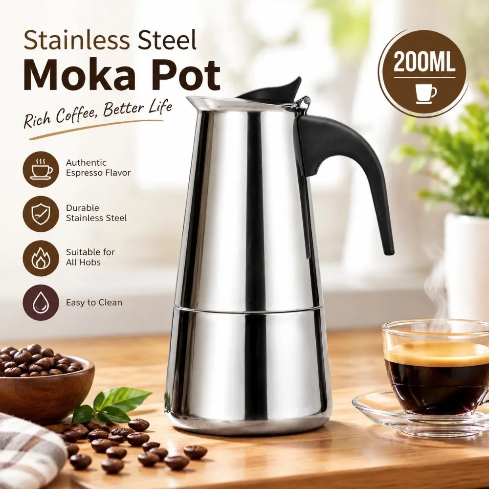 Stainless Steel Mocha Coffee Pot Sliver 200ml Capacity Espresso Coffee Maker Stove Top Compatible Easy Clean