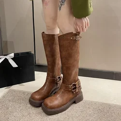 Women's Platform High Knight Boots Chunky Heels Buckle Woman Vintage Fashion Casual Luxury Designer Western Mid Calf Cowboy Boot