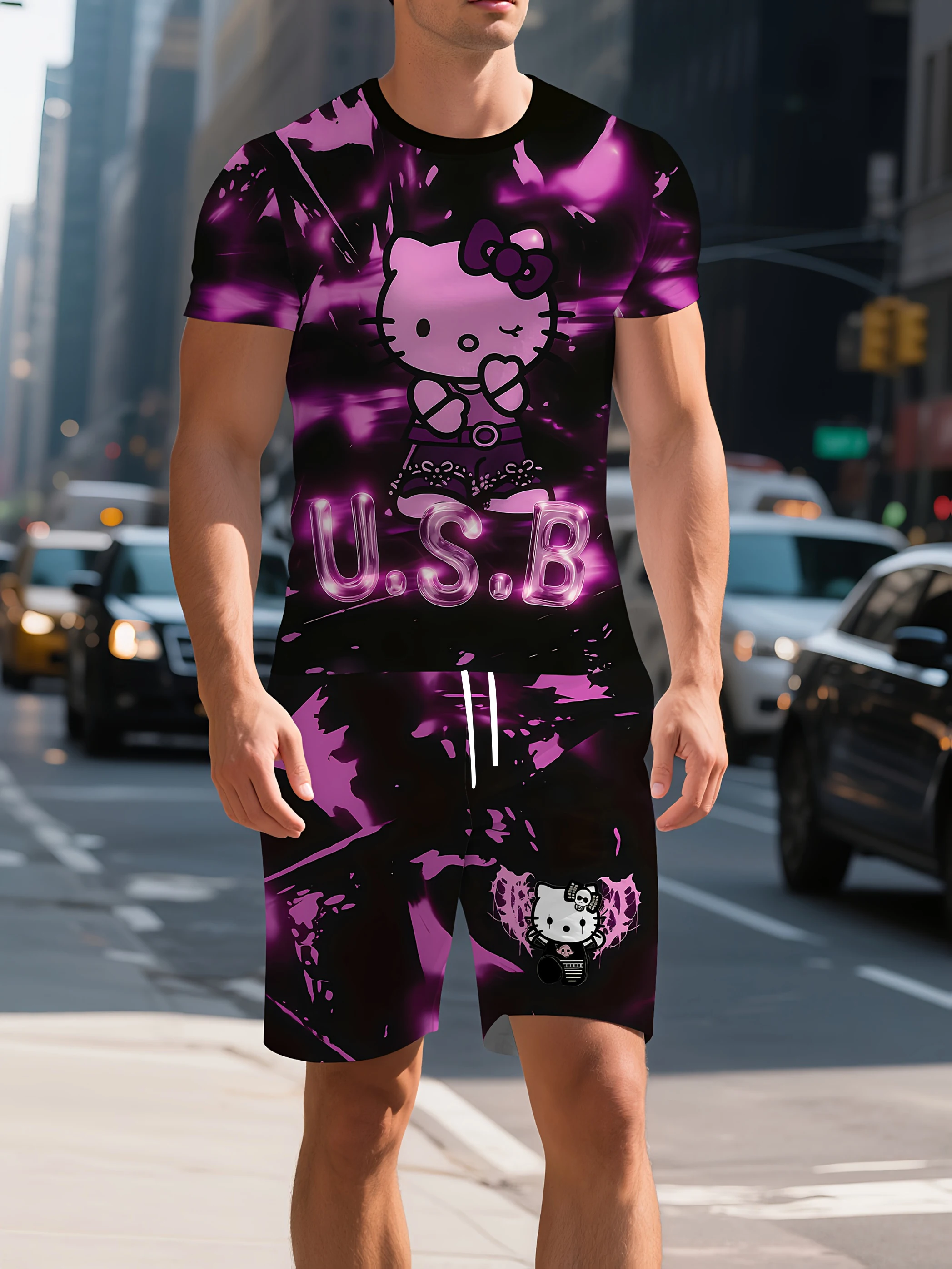 

Sanrio for Hello Kitty Men'S Summer Short-Sleeve T-Shirt & Shorts Set Casual Beachwear Men's Clothing Oversized Tracksuit Suits