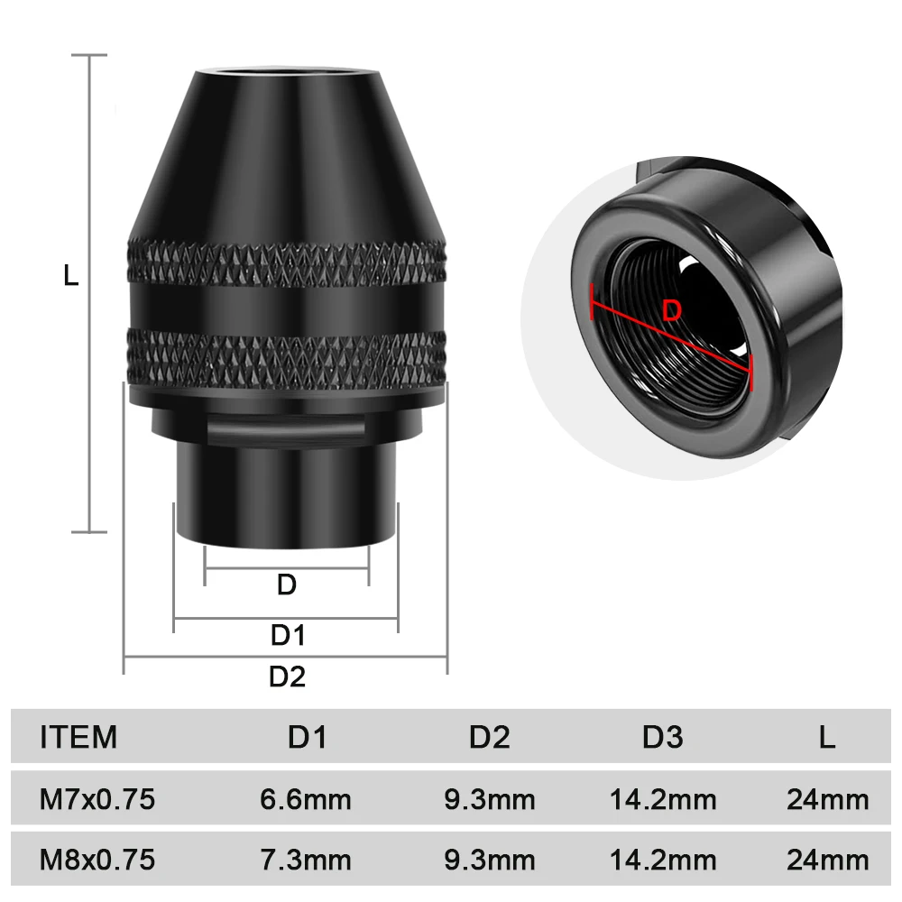 XCAN 1pc M7 M8 Mini Multi Keyless Drill Chuck 0.5-3.2mm Quick Change Cartridge on Screw DriverThree-Jaw for Dremel