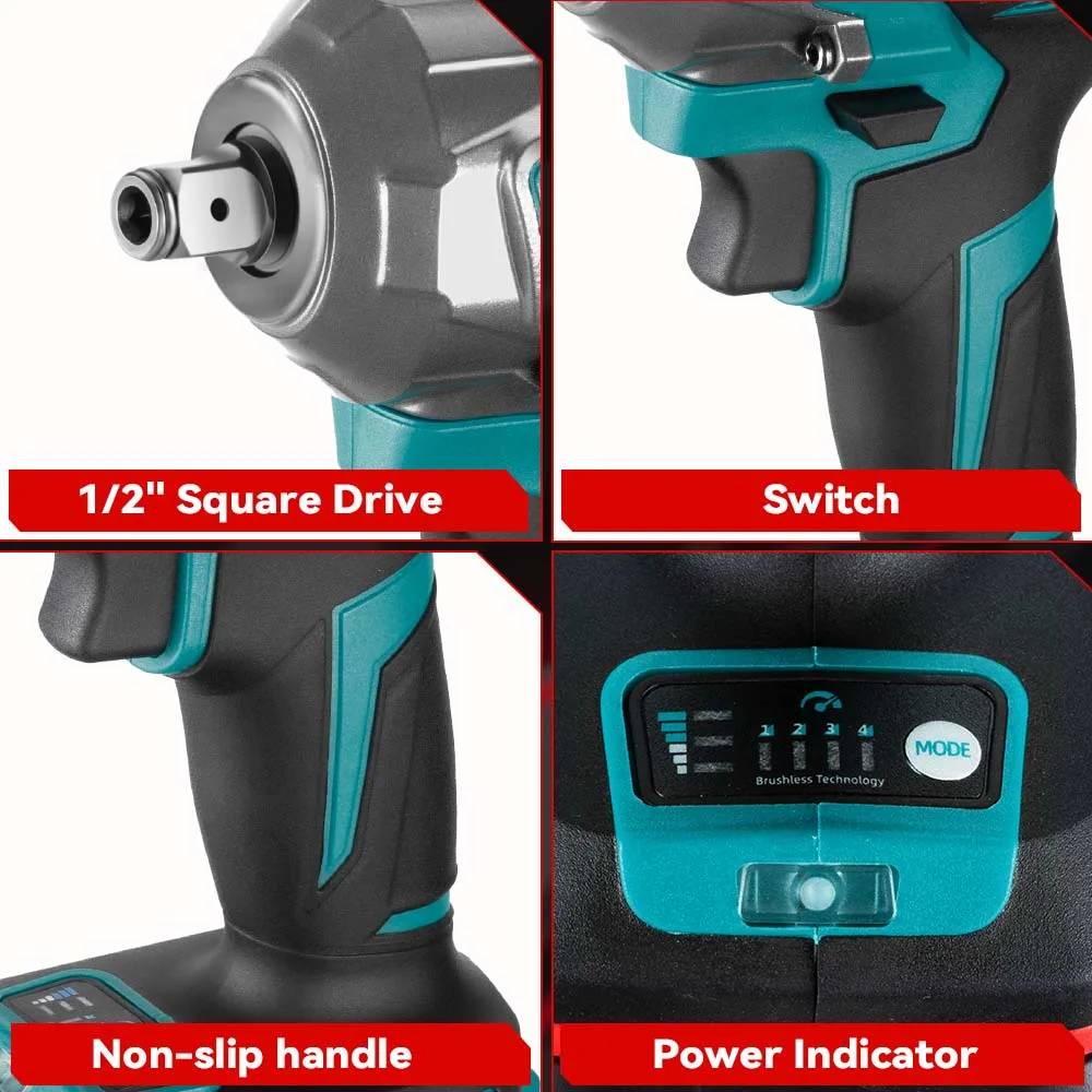 ONEVAN-llave de impacto eléctrica sin escobillas, de 3 funciones destornillador inalámbrico, taladro eléctrico para batería Makita de 18V, 1/2