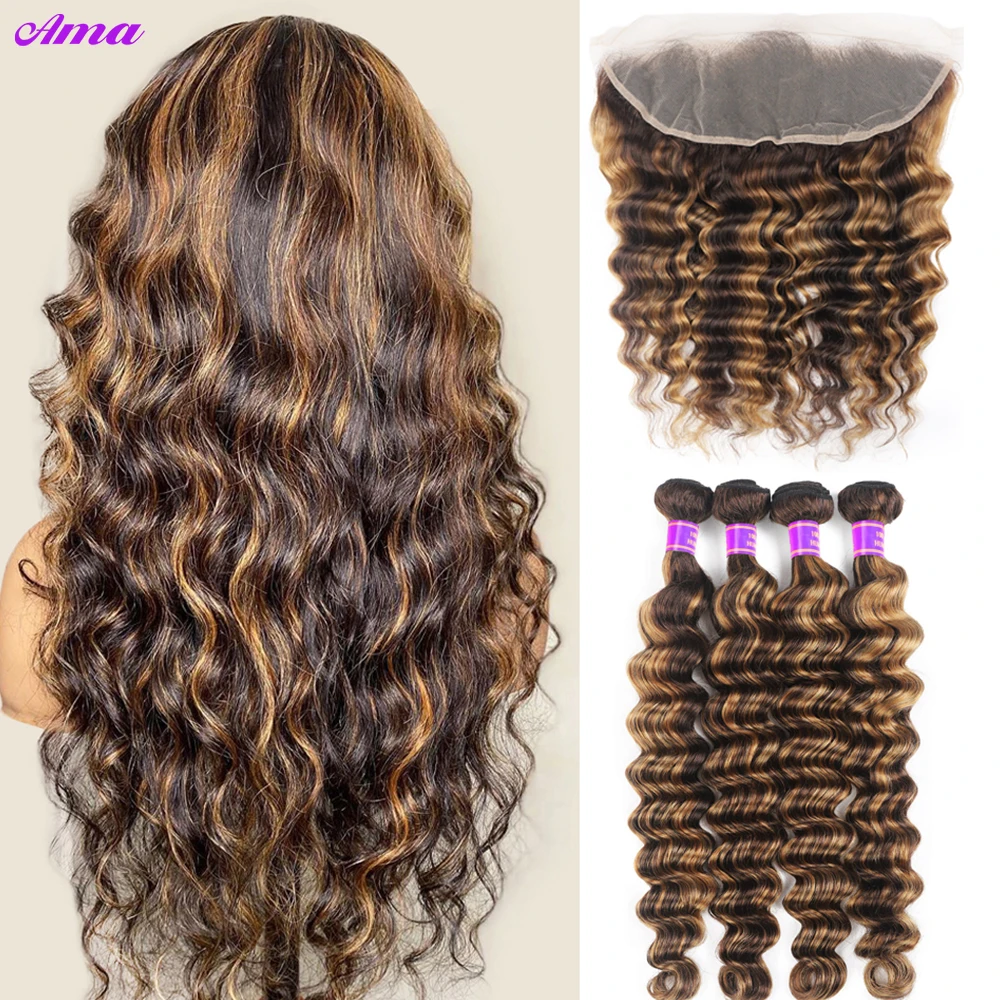 Ama Highlight Bundles With Frontal Loose Deep Wave Bundles With Frontal 13x4 inch Human Hair Bundles With Fronal Pre Plucked