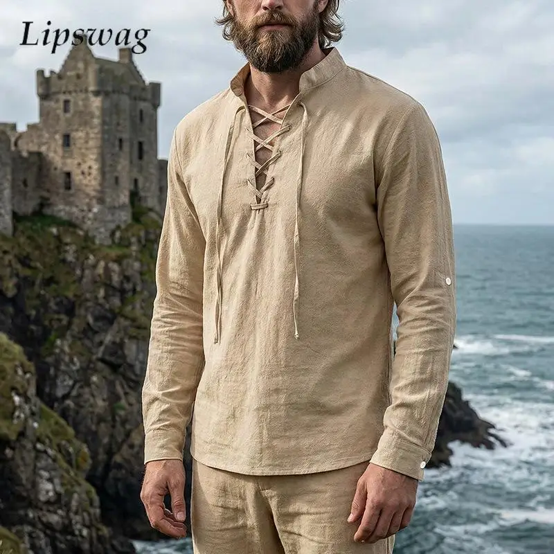 

Retro Drawstring Stand Collar Linen Shirt Men Spring Casual Solid Color Long Sleeve Pullover Tops Mens Vintage Linen T Shirts