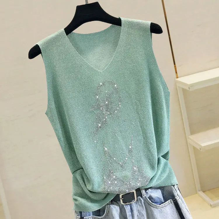 2022 Summer Hot Rhinestone Sleeveless Vest Women's Spring New Style V-neck Loose All-match Sling Knitted Top Girl T-shirt Green