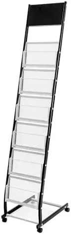 6 Tiers Floor standing Magazine Holder Iron Brochure Display Stand with Wheels and Mesh Storage Basket Literature Rack