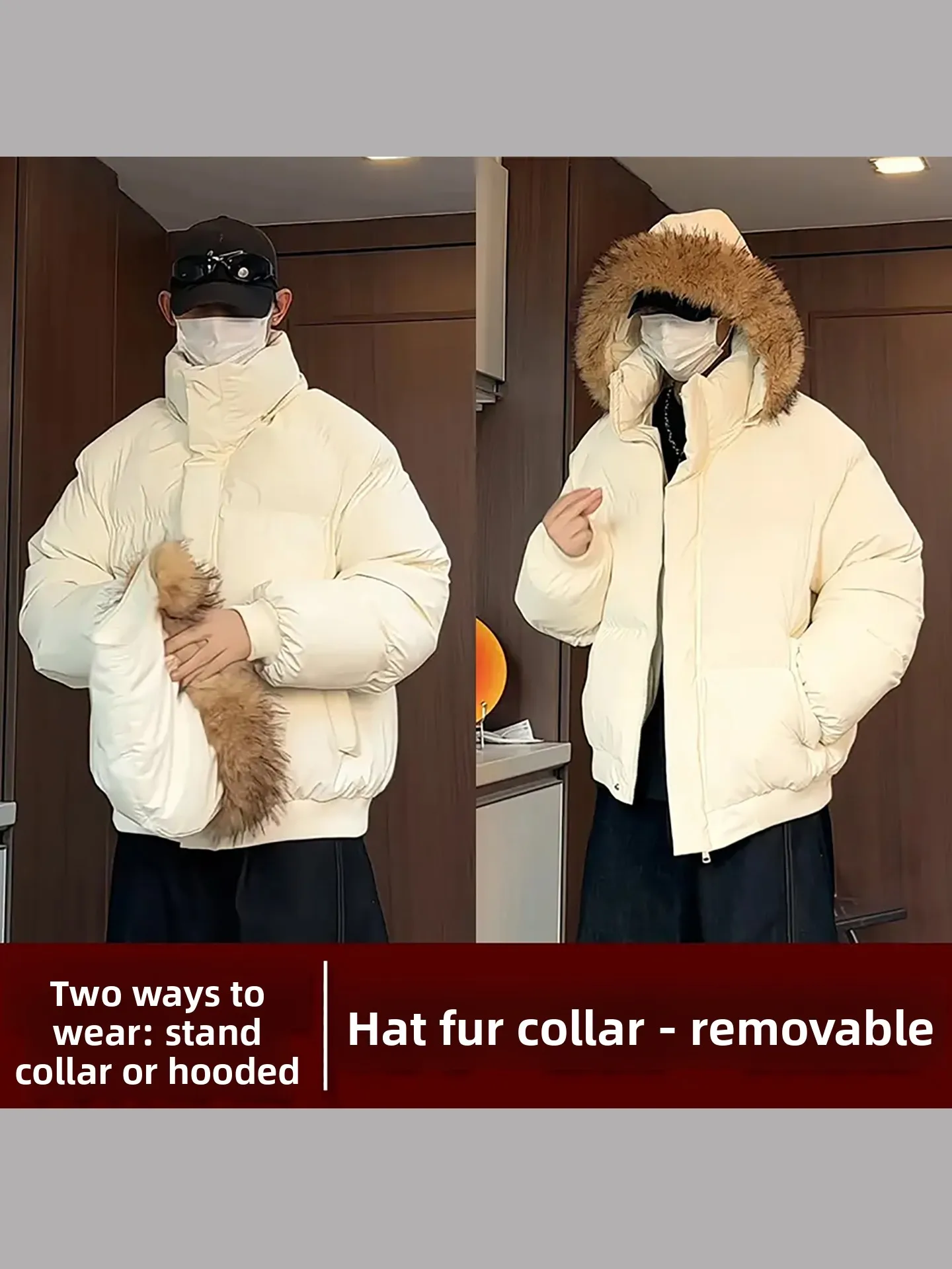 Cleanfit Thiened ort بولي Leather جلد أسفل Jaet للإزالة الفراء طوق انفصال الشتاء الأزواج القطن معطف دافئ Ci عادية #3