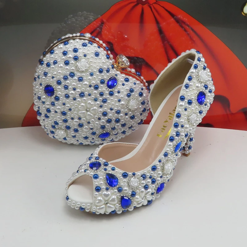 BaoYaFang Scarpe da sposa bianche da sposa Scarpe e borsa con perle di colore misto Scarpe da festa vuote laterali da donna Tacchi alti alla moda