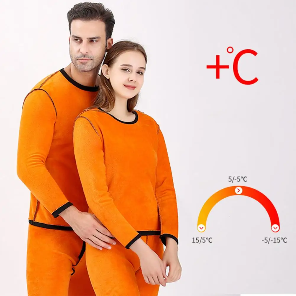 2 Pcs/Set Unisex Winter Underwear Set Solid Color Fleece Lined Thermal Top Pants Set Soft Elastic Sport Base Layer Pajama Set