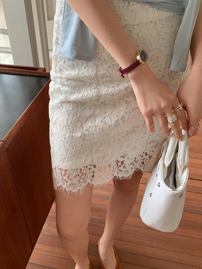 Alien Kitty Sommer, figurbetont, schmal geschnitten, mittellange Röcke für Damen, Spitze, Blumen, 2025, sanfte hohe Taille, Bürodame, Arbeitskleidung, Neu