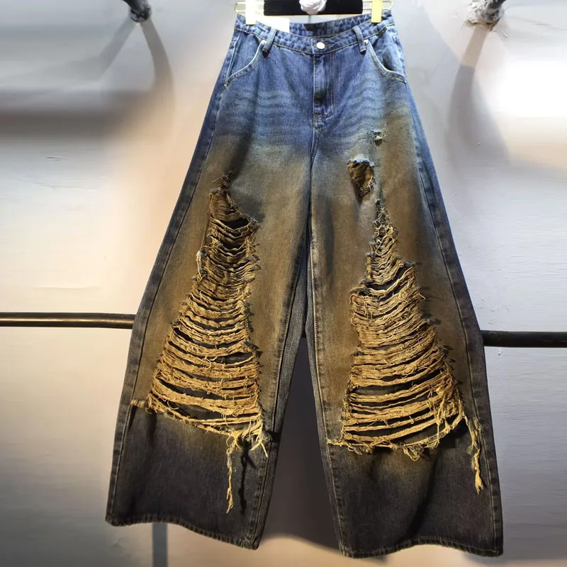 

Осень 2023, новые утягивающие широкие джинсы с завышенной талией, рваные окрашенные прямые джинсы, длинные джинсовые брюки для женщин