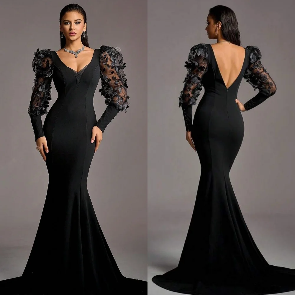 Customized High Quality Jersey Applique Trumpet V-neck Long Dresses Prom Dresses Formal Chinese Style Pastrol Exquisite Classic