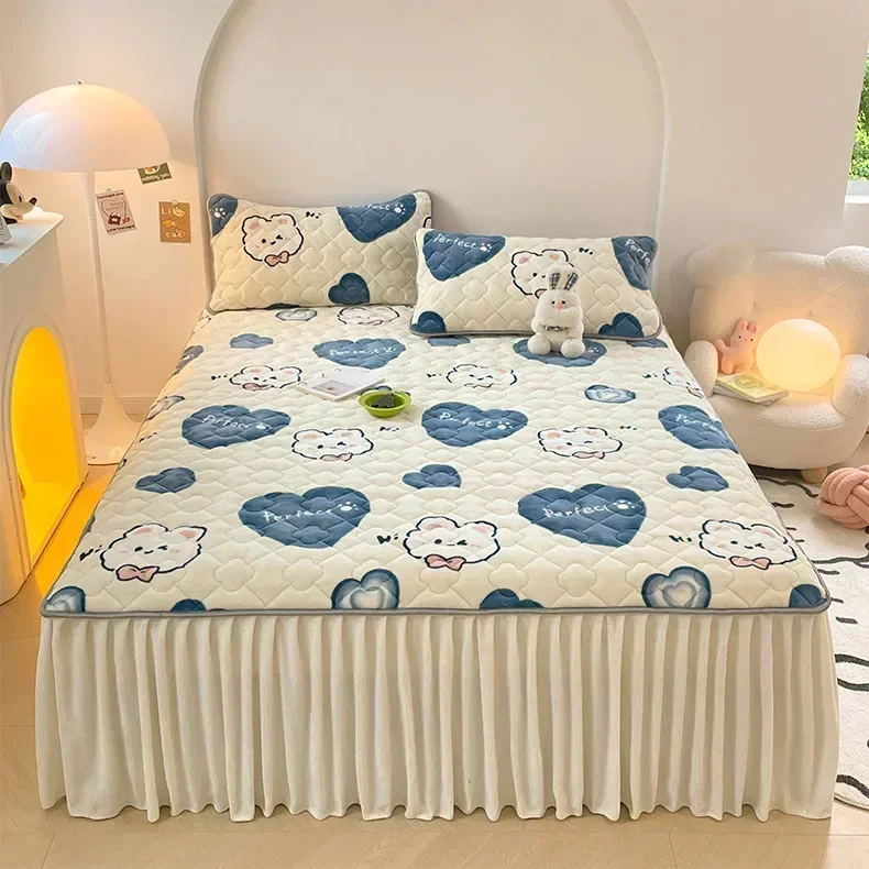 Winter Warm Velvet Quilted Fitted Bed Skirt with Pillowcase Set Thicken Plush Mattress Protector Cover Bed Sheets Home Bed Cover