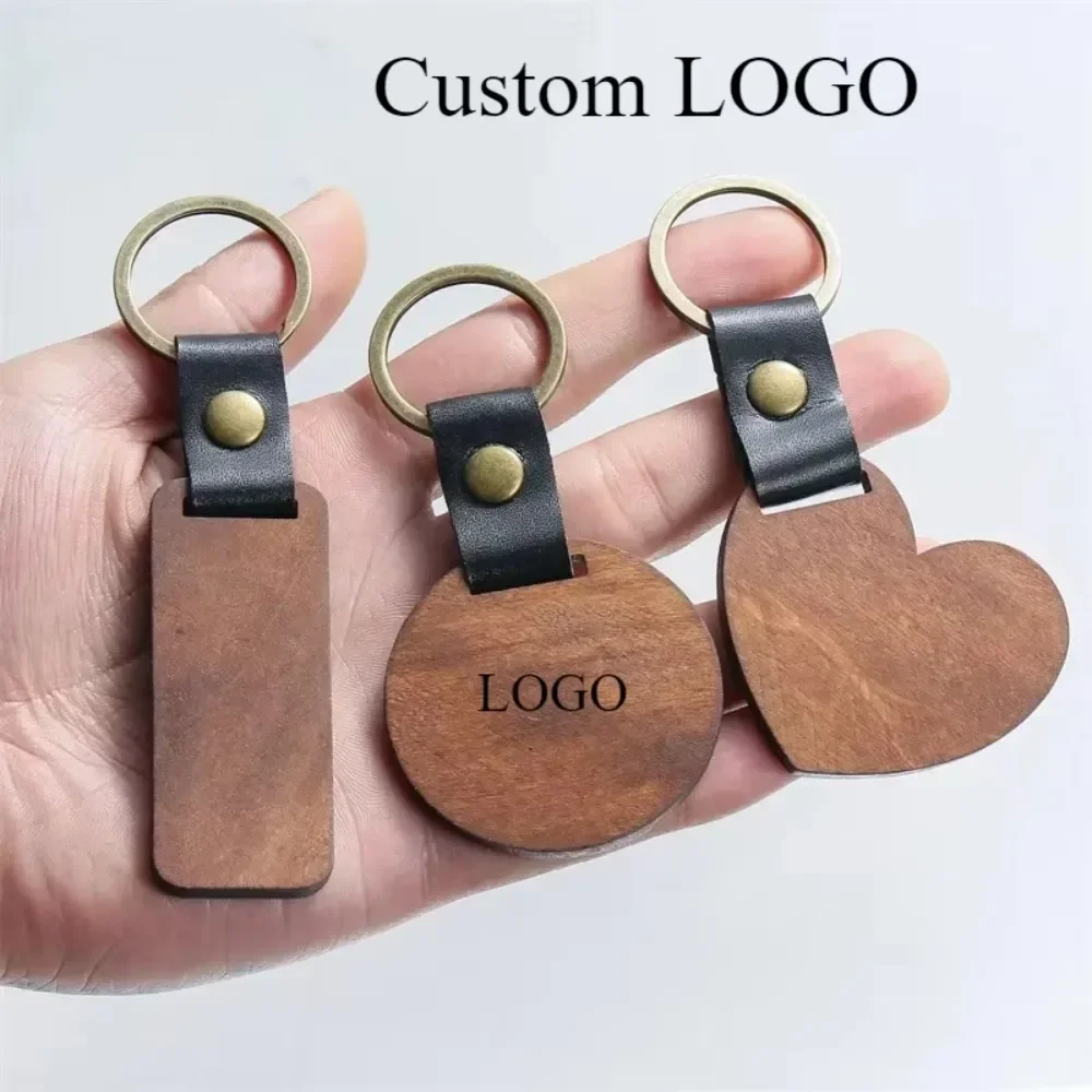 

Custom Logo Name Creative Leather Keychain Wood Pendant Bag for Men Woman Car Motorcycle Metal Keyring Key Chains Ring Gift