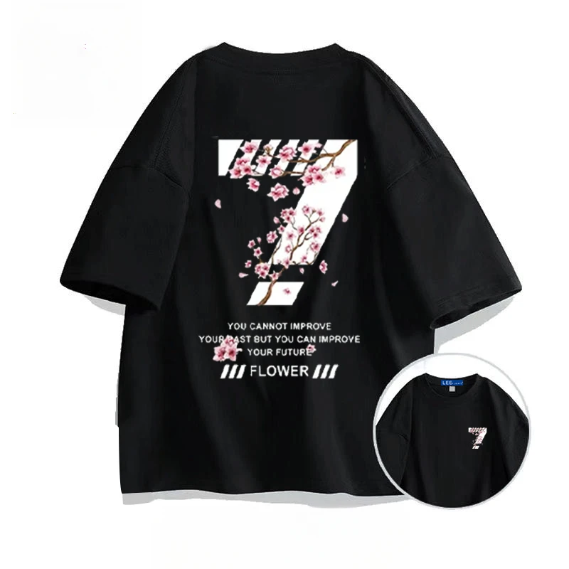 

American HipHopCherry Blossom T-shirt Summer Fashion Brand Loose New Heavy Cotton Printed Round Collar Men and Women Half Sleeve