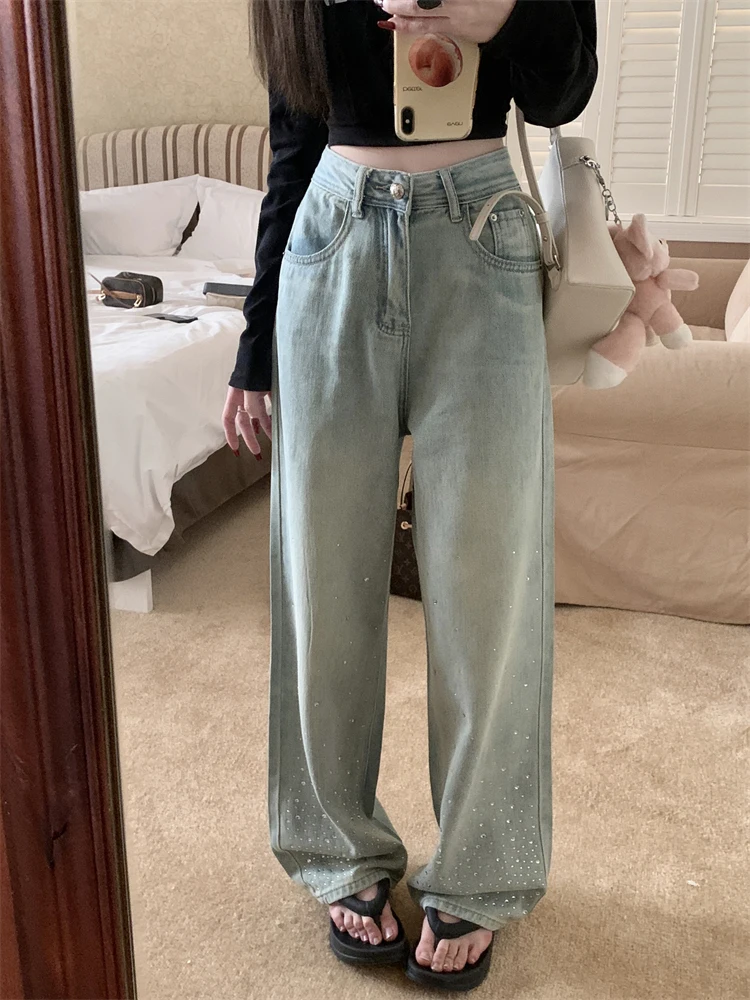 미국 스타일 하이웨이스트 와이드 레그 진 여성용 가을 겨울 신상 플러스 사이즈 슬림핏 스트레이트 롱 팬츠 라인스톤 디자인
