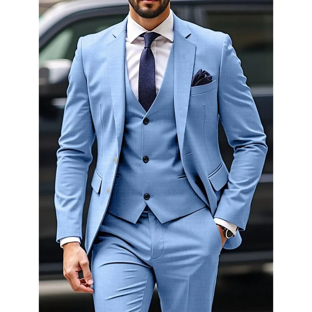 

2025 Blue Men Suits 3 Piece Jacket Pants Vest Single Breasted Notch Lapel Formal Wedding Blazer High Quality Costume Homme