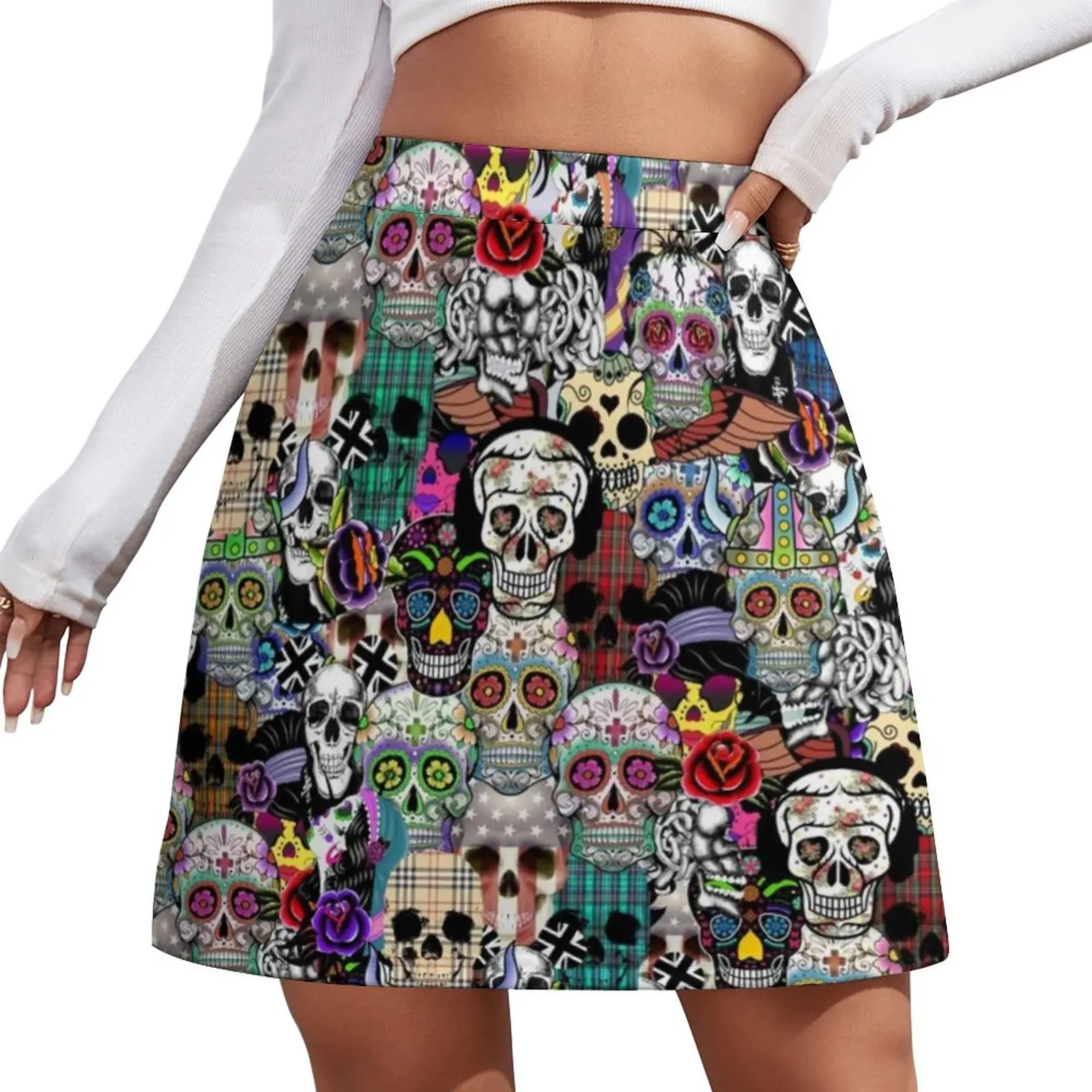 

Sugar Skull Skirt Woman Abstract Plaid Skulls Design Cute Mini Skirts Streetwear High Waist Design Oversized Casual A-line Skirt