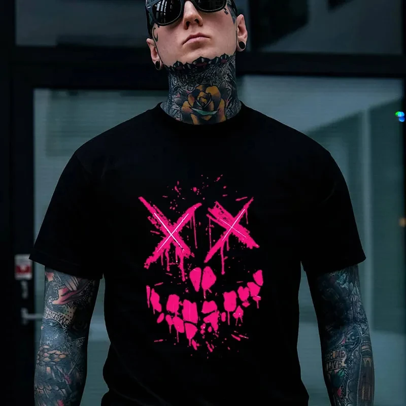 Fluorescent Pink Evil Emoji Graphic Black Print T-Shirt Men's T-Shirt Gothic Sweatshirt Y2K Summer Oversized