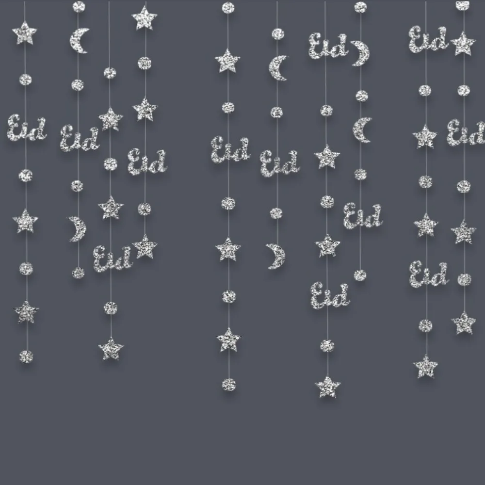 Gold Silver Eid Mubarak Banners Glitter Paper Pull Flag Star Moon Lantern DIY Paper Ceiling Hanging Hang Garland