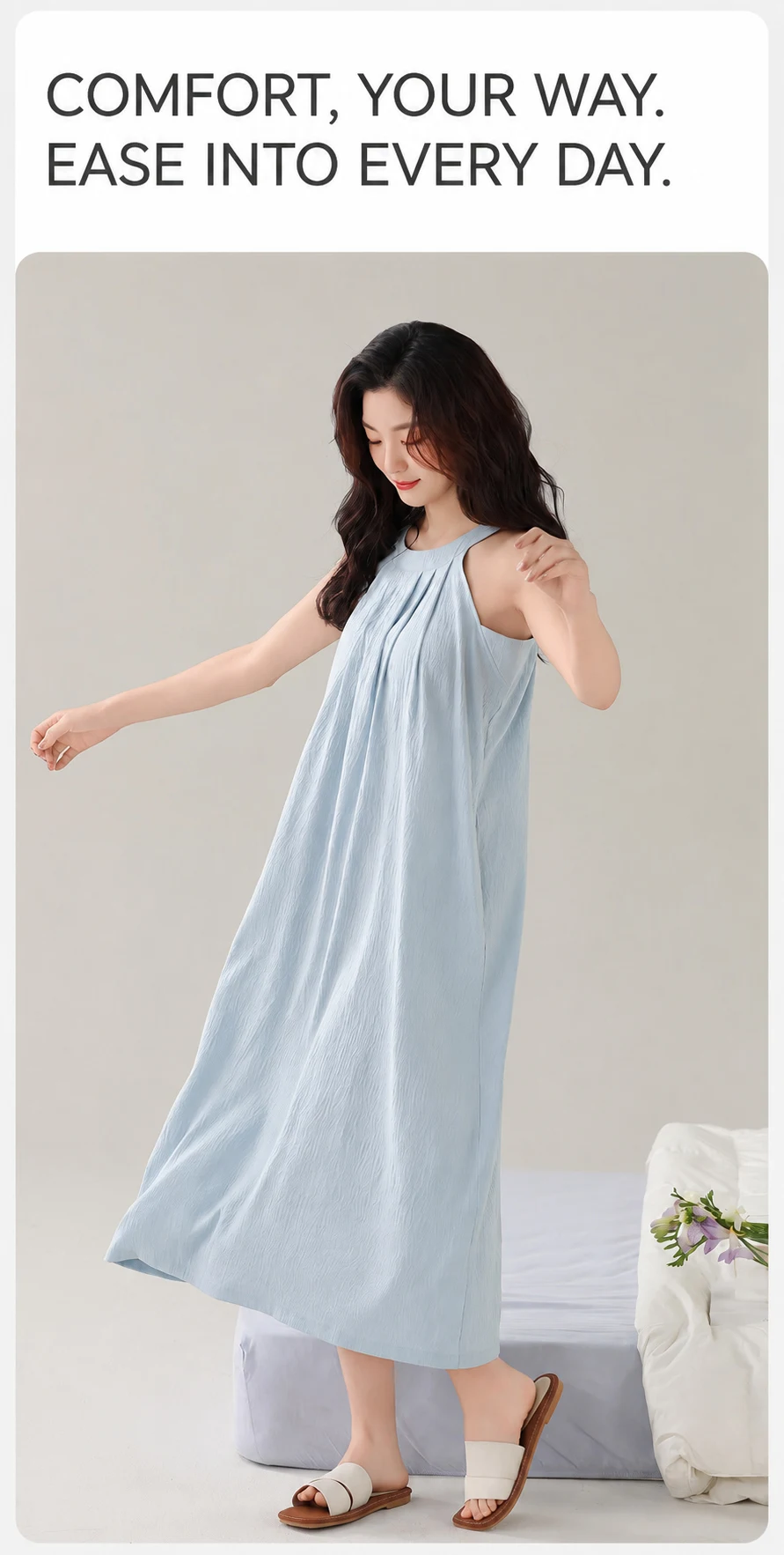 Damen Gepolstertes Ärmelloses Nachthemd mit Eingebautem BH, Herausnehmbaren Polstern, Langes, Weiches Schlafkleid, Sommer-Loungewear, Hauskleid mit Tasche – Detail 11