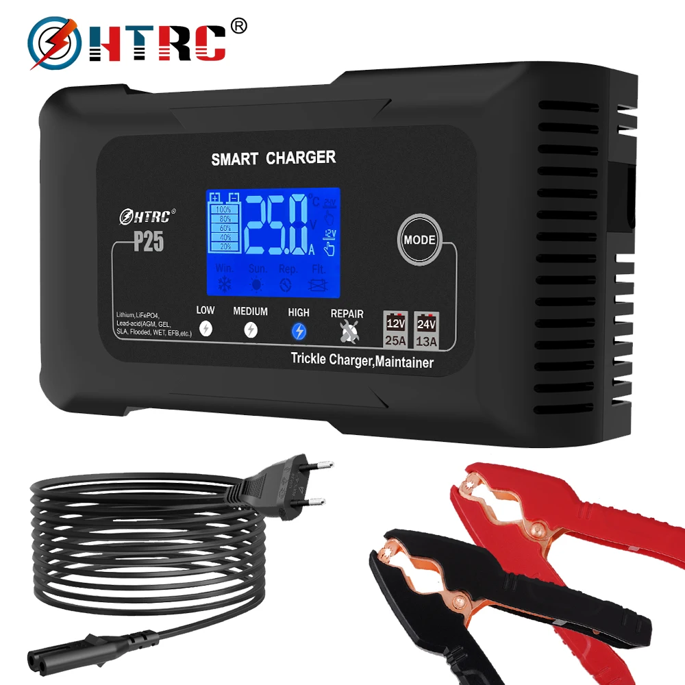 HTRC 25A 12V Car Battery Charger 24V 13A LCD Repair Charger for Auto Truck Motorcycle Lead Acid Lifepo4 Battery AGM GEL Lithium