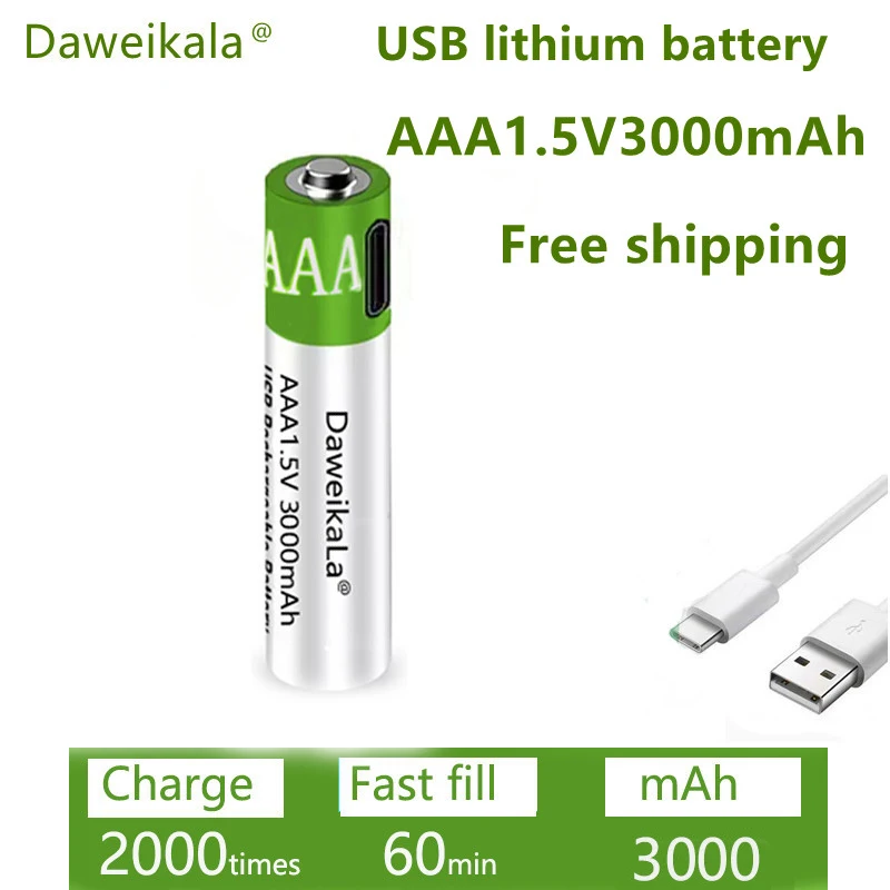 Baterias USB Recarregáveis AA AAA Li-ion, 1.5V, 3000 mAh, para Controle Remoto, Mouse, Brinquedo Elétrico, Bateria, Cabo Tipo-C