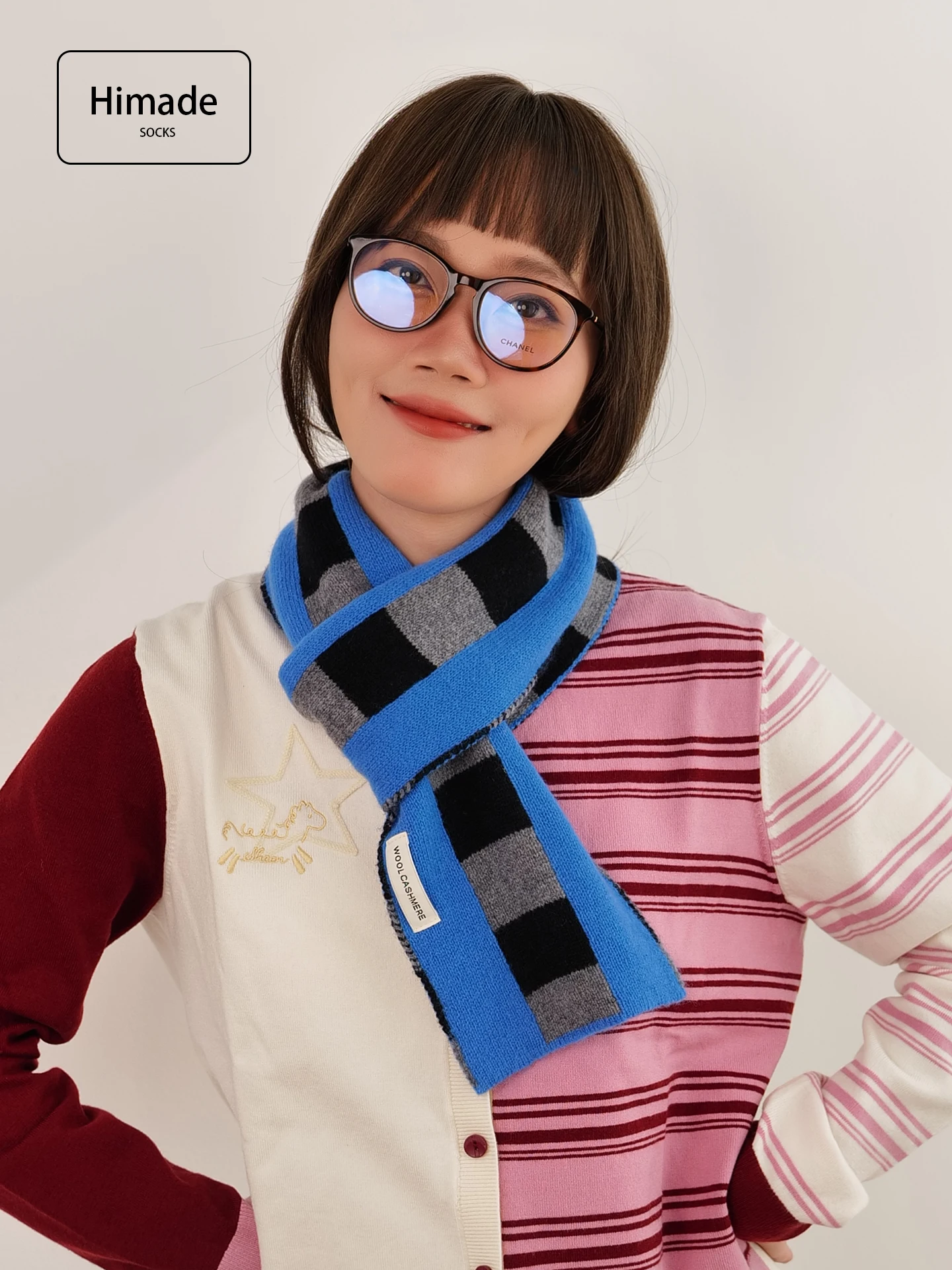 himade-カシミヤウールニットスカーフ女性の秋冬暖かい韓国チェック柄雰囲気カップルのネックウォーマーファッションアクセサリー