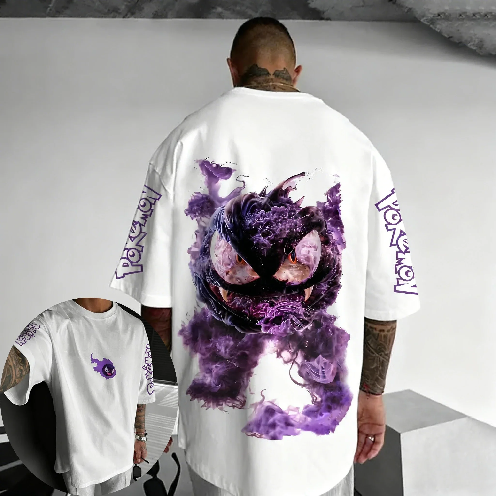 بوكيمون يده لعبة Gengar تي شيرت مطبوع 2026 الخريف والشتاء جديد Harajuku الرجال والنساء فضفاض اليومية الوالدين والطفل #6