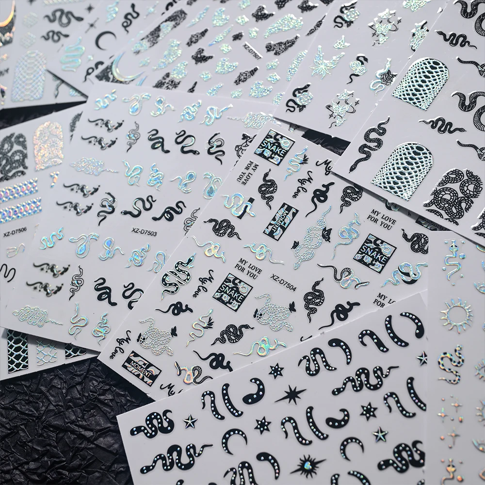 12 pièces 3D oeil de démon noir serpent conception ongles autocollants coloré Laser argent serpent Nail Art autocollants serpent décalcomanies pour bricolage manucure *